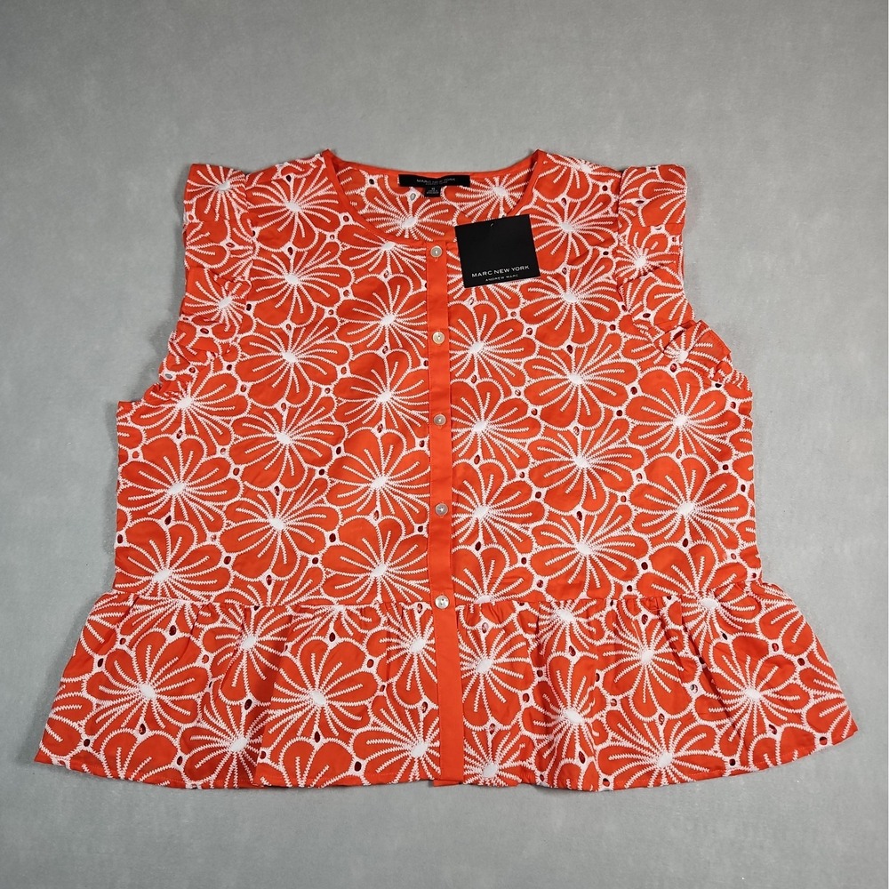 Marc New York Womens Red White Floral Embroidered Sleeveless Top Size XL NWT
